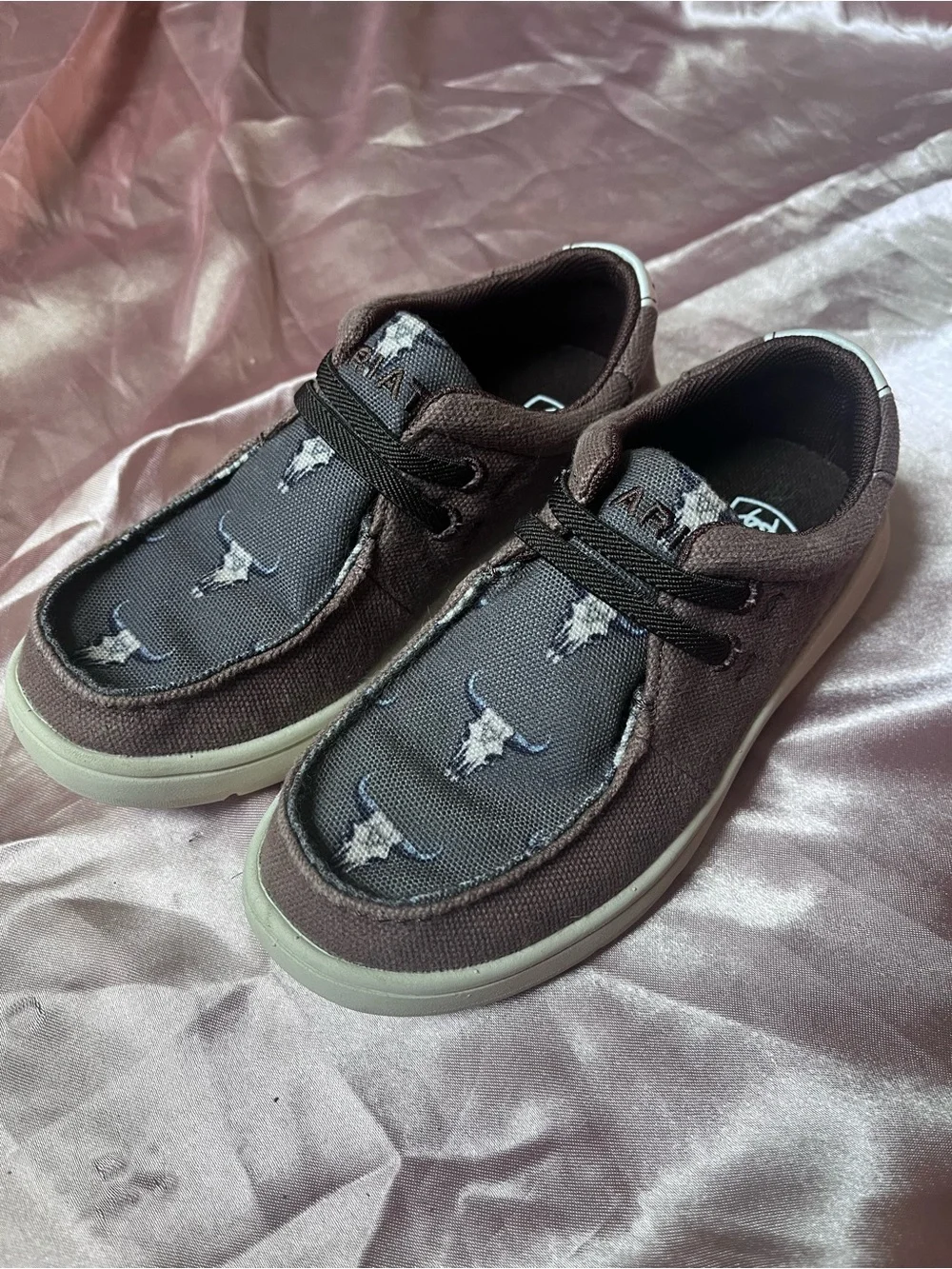 Ariat Brown Canvas Kids Slip-On Sneakers with Longhorn Print